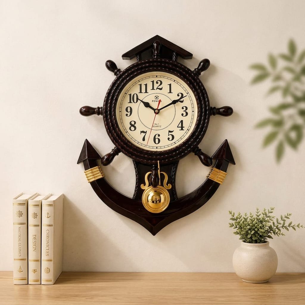 Nautical Ship Wheel Anchor Wall Clock with Pendulum